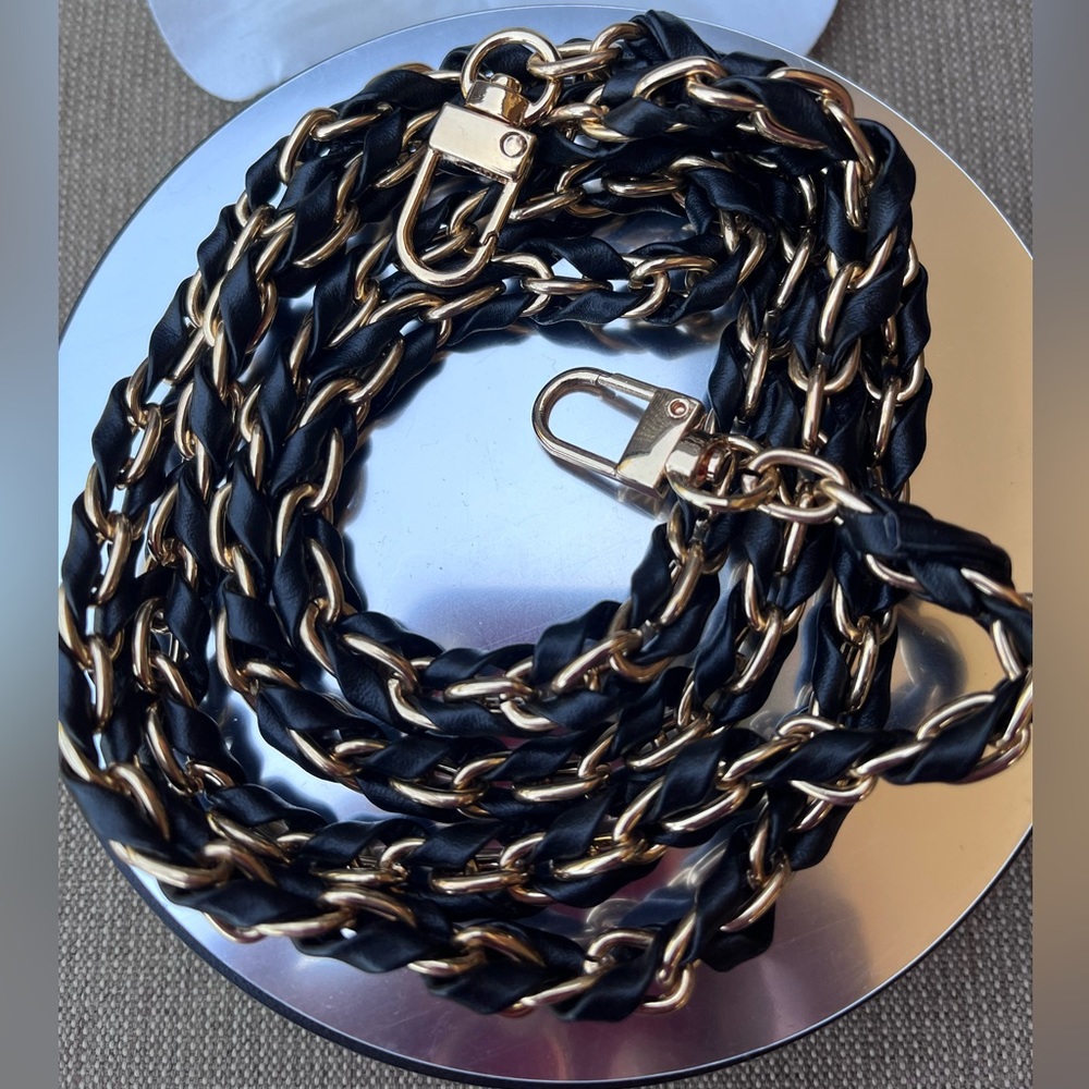 New 47” Chain & Leather Crossbody Strap or Replacement in Gold Metal